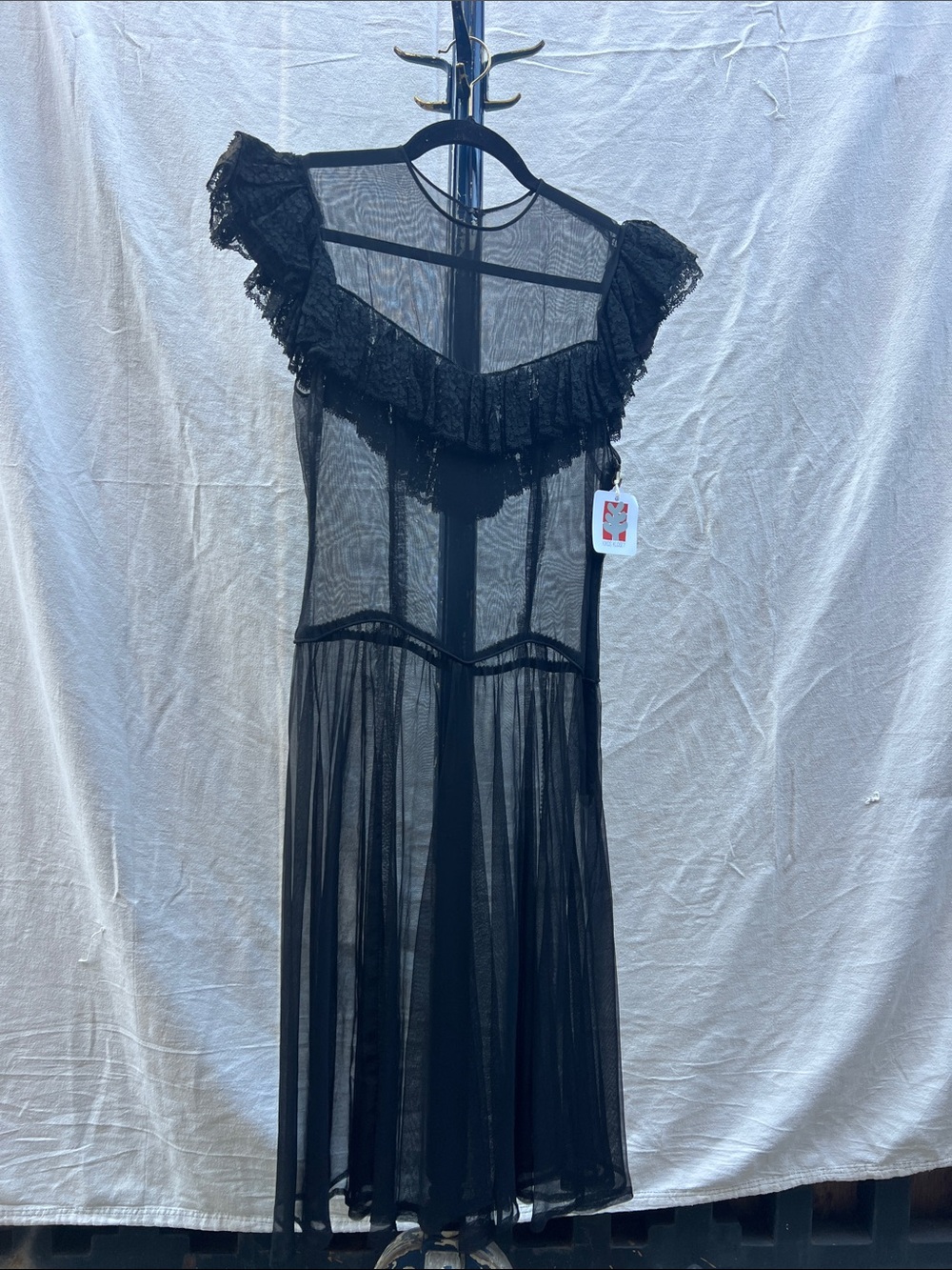 Sheer Black Lace Ruffle Midi Dress